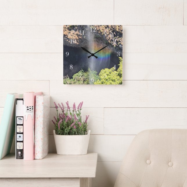 Waterfall Rainbow Square Wall Clock (Reading Room)