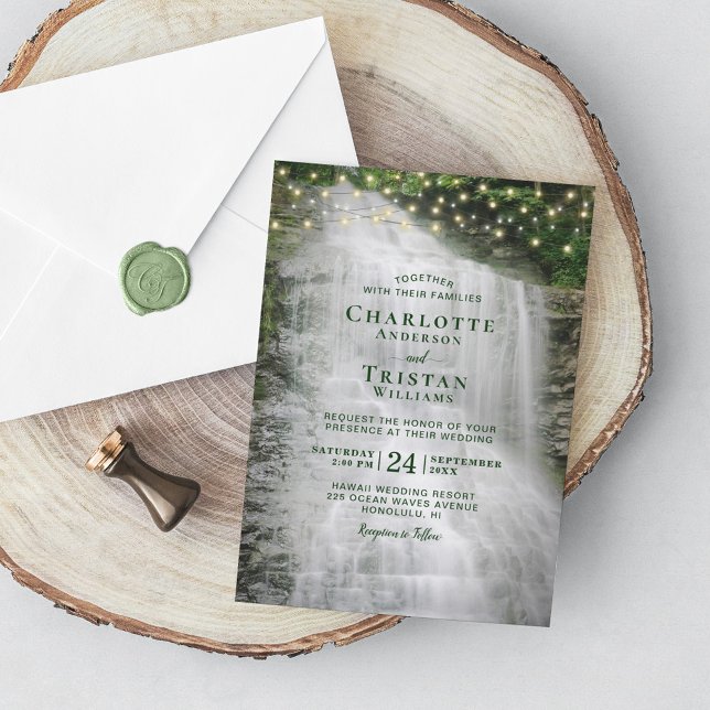 Waterfall Rustic Forest String Lights Wedding Invitation (Creator Uploaded)