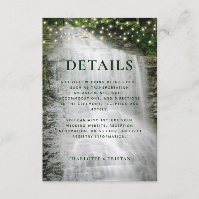 Waterfall String Lights Rustic Wedding Details Enclosure Card (Front)