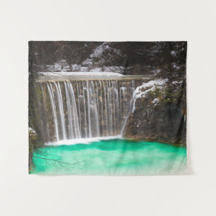 Waterfall stunning turquoise water lake Jasna, Slo Tapestry