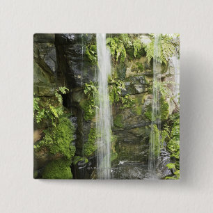 Waterfall, Temperate rainforest, New Zealand. 15 Cm Square Badge