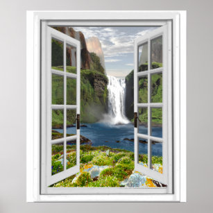 Waterfall View Trompe l'oeil Effect Fake Window Poster
