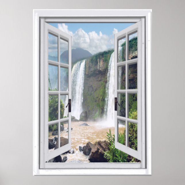Waterfall View Trompe l'oeil Faux Window Poster (Front)