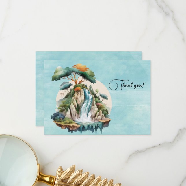 Waterfall Watercolor Painting Thank You Card (Front/Back In Situ)