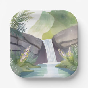 Waterfall Whisper Nature Watercolor Landscape Paper Plate