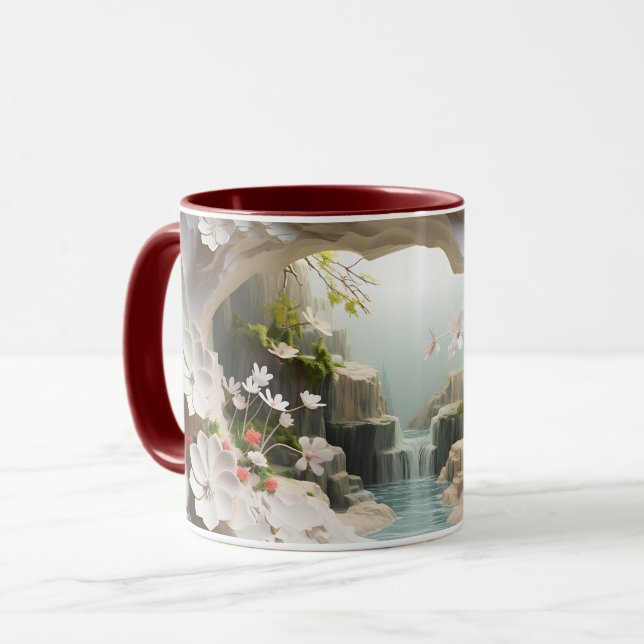 Waterfall & White Flowers Ceramic Coffee Mug ☕ (Front Left)