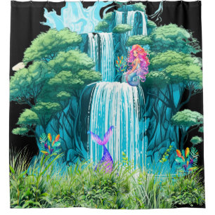 waterfall with mermaids shower curtain