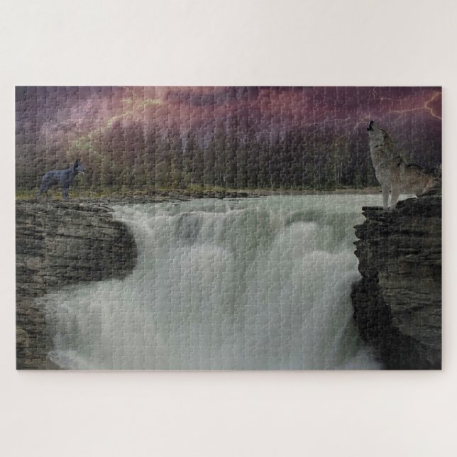 Waterfall with Wolves Jigsaw Puzzle (Horizontal)