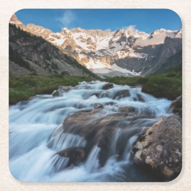 Waterfalls | Aviolo Lake, Italy Square Paper Coaster (Front)