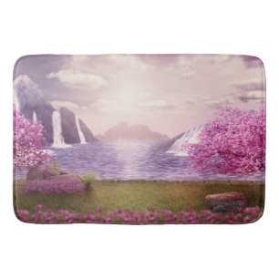 Waterfalls & Cherry Trees around a Lake Bath Mat