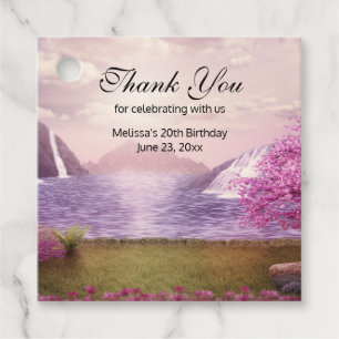 Waterfalls & Cherry Trees around a Lake Birthday Favour Tags