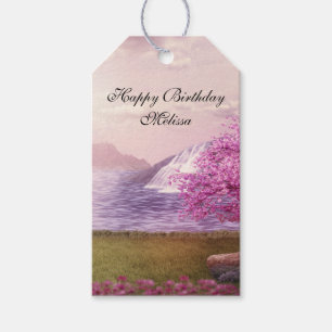 Waterfalls & Cherry Trees around a Lake Birthday Gift Tags