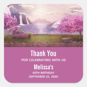 Waterfalls & Cherry Trees around a Lake Birthday Square Sticker