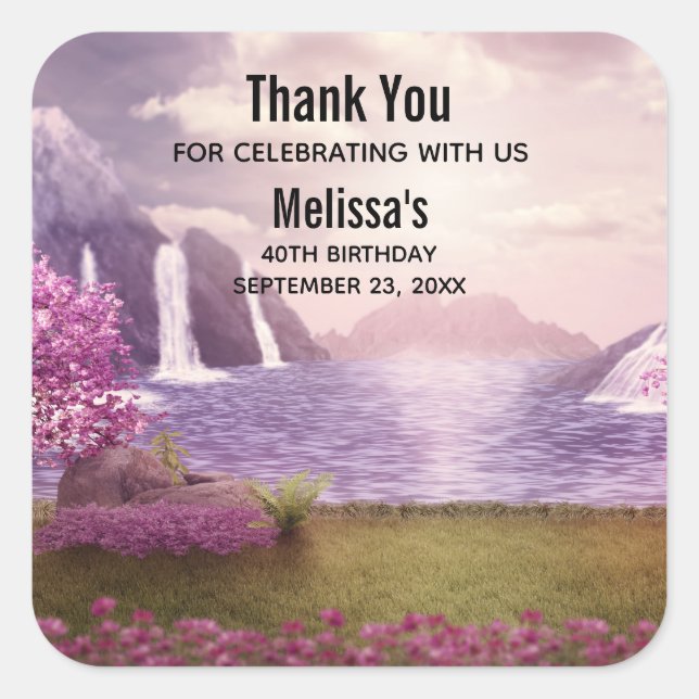 Waterfalls & Cherry Trees around a Lake Birthday Square Sticker (Front)