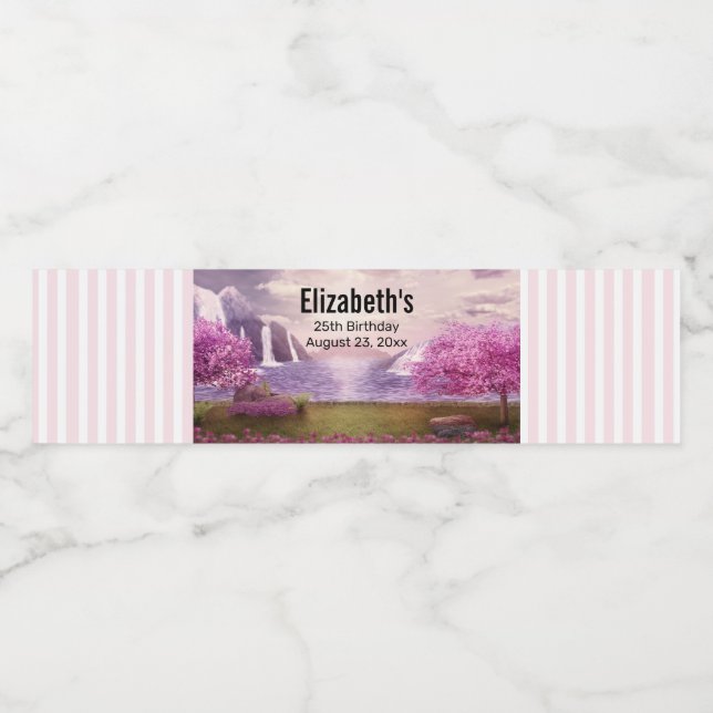  Waterfalls & Cherry Trees around a Lake Birthday Water Bottle Label (Single Label)