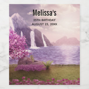 Waterfalls & Cherry Trees around a Lake Birthday Wine Label