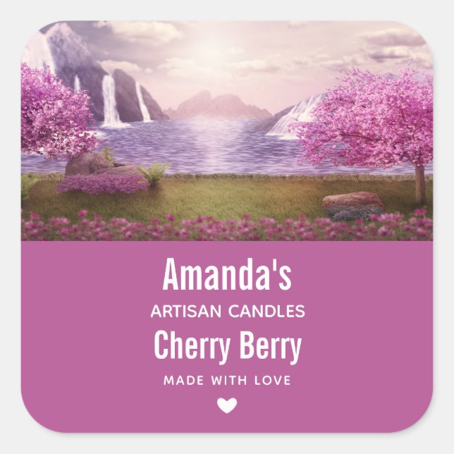 Waterfalls & Cherry Trees around a Lake Candle Biz Square Sticker (Front)