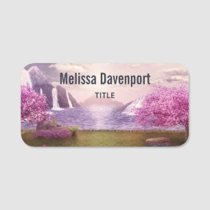 Waterfalls & Cherry Trees around a Lake Name Tag