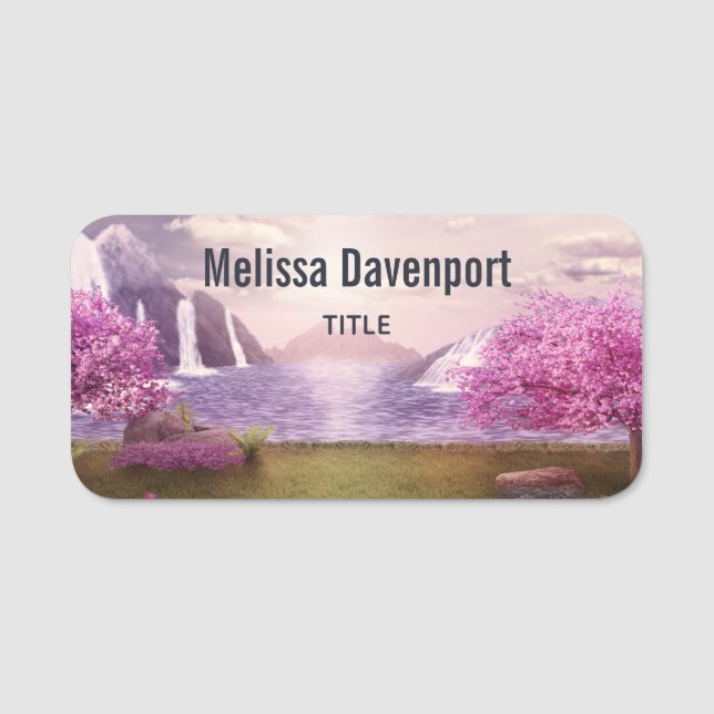 Waterfalls & Cherry Trees around a Lake Name Tag (Front)