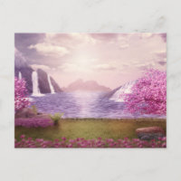 Waterfalls & Cherry Trees around a Lake