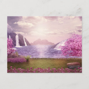 Waterfalls & Cherry Trees around a Lake Postcard