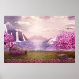 Waterfalls & Cherry Trees around a Lake Poster