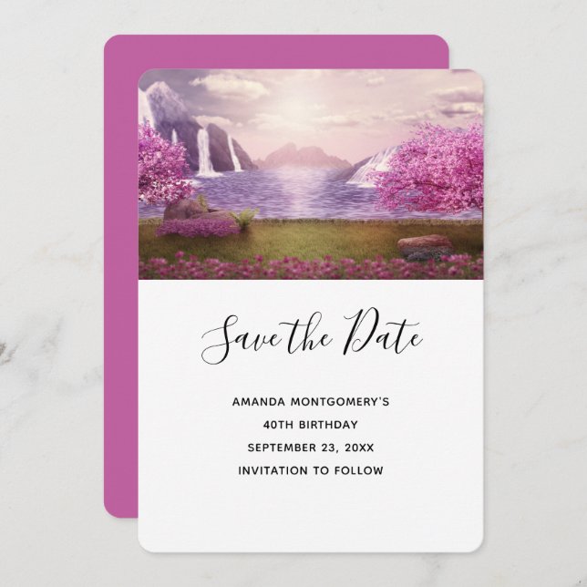 Waterfalls & Cherry Trees around a Lake Save The Date (Front/Back)