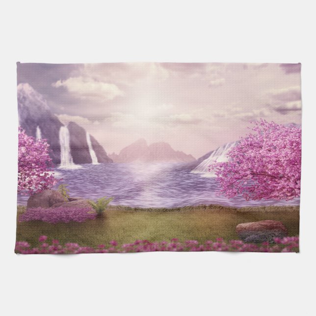 Waterfalls & Cherry Trees around a Lake Tea Towel (Horizontal)