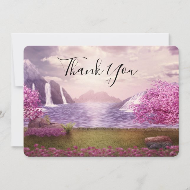 Waterfalls & Cherry Trees around a Lake Thank You Card (Front)
