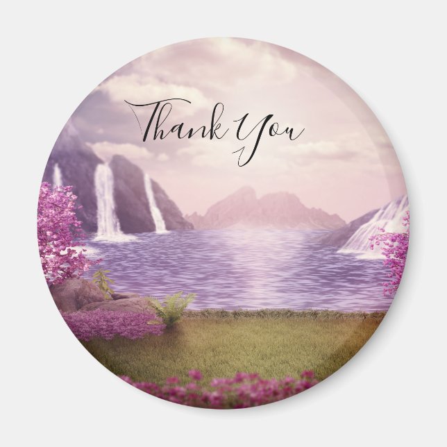 Waterfalls & Cherry Trees around a Lake Thank You Magnet (Front)