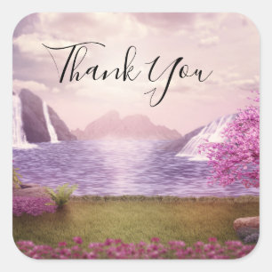 Waterfalls & Cherry Trees around a Lake Thank You Square Sticker