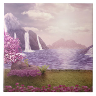 Waterfalls & Cherry Trees around a Lake Tile