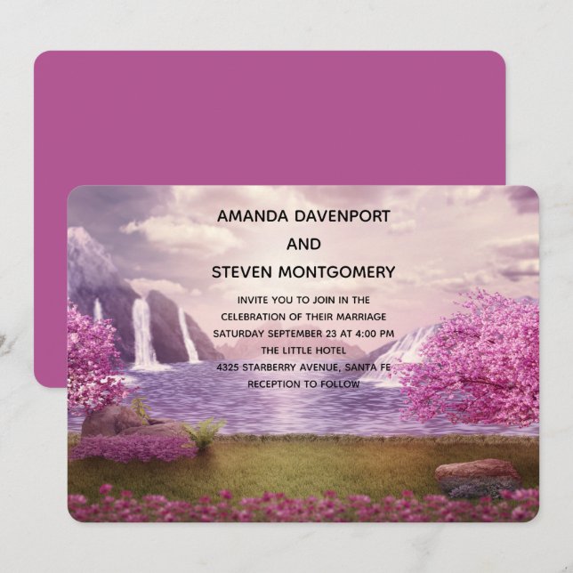 Waterfalls & Cherry Trees around a Lake Wedding Invitation (Front/Back)