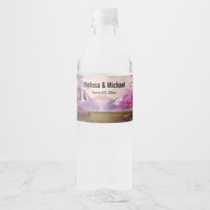 Waterfalls & Cherry Trees around a Lake Wedding Water Bottle Label