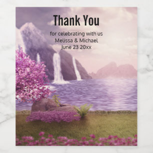 Waterfalls & Cherry Trees around a Lake Wedding Wine Label
