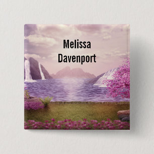 Waterfalls & Cherry Trees by a Lake 15 Cm Square Badge