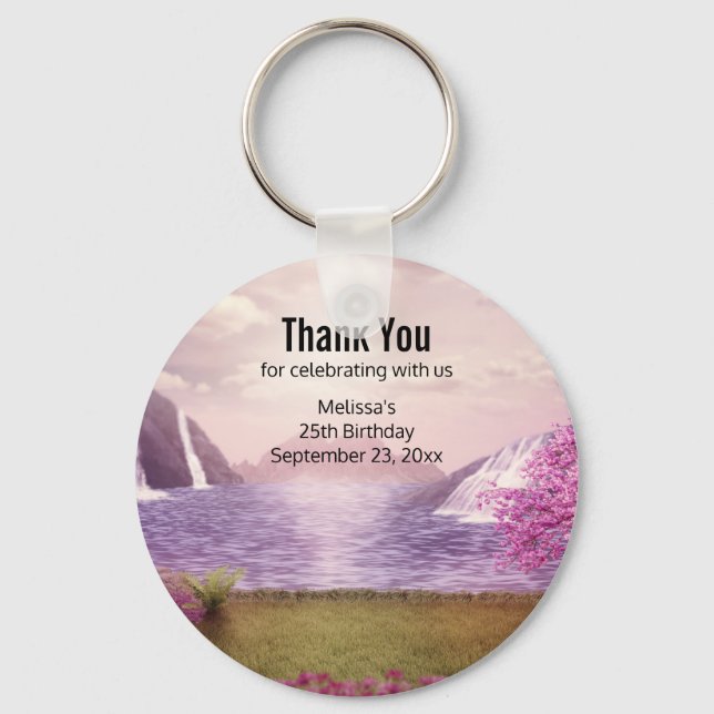 Waterfalls & Cherry Trees by a Lake Favour Key Ring (Front)