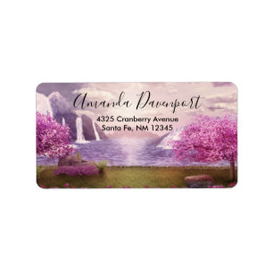 Waterfalls & Cherry Trees by a Lake Label