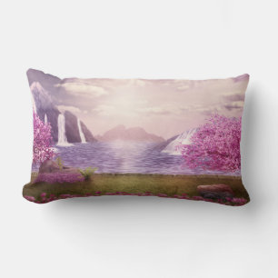 Waterfalls & Cherry Trees by a Lake Lumbar Cushion