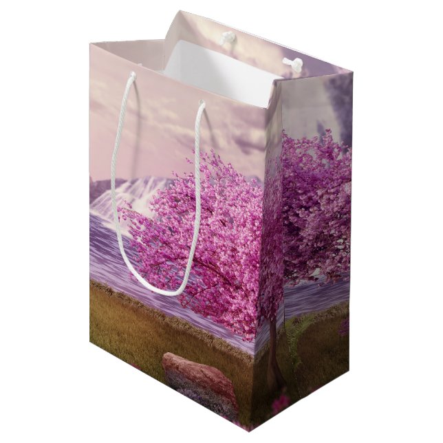 Waterfalls & Cherry Trees by a Lake Medium Gift Bag (Front Angled)
