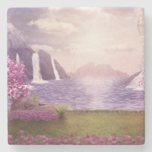 Waterfalls & Cherry Trees by a Lake Stone Coaster