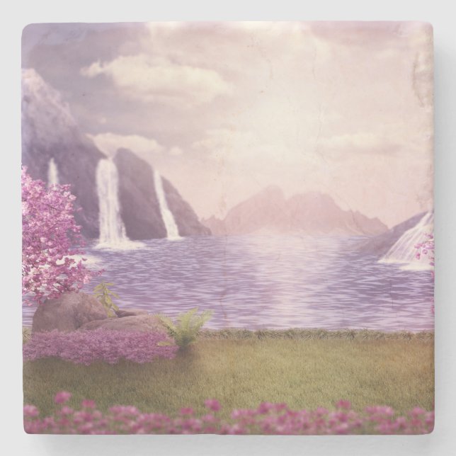 Waterfalls & Cherry Trees by a Lake Stone Coaster (Front)