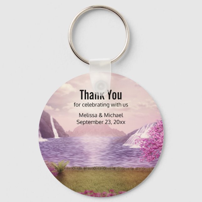 Waterfalls & Cherry Trees by a Lake Wedding Favour Key Ring (Front)