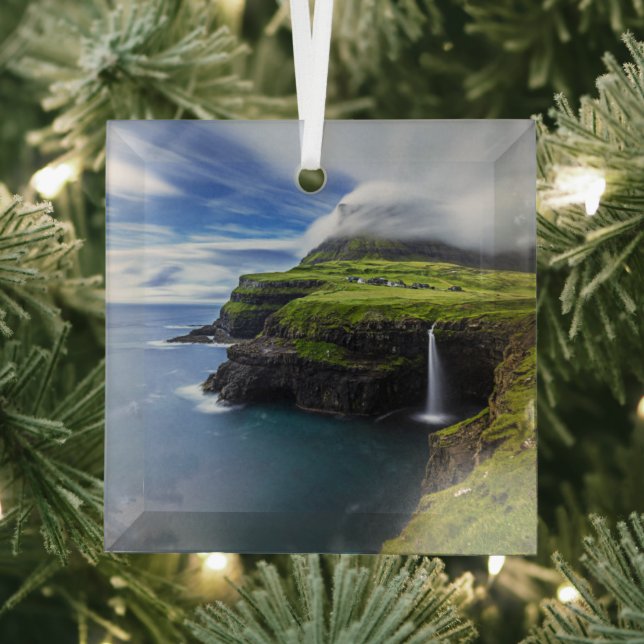 Waterfalls | Faroe Islands, Denmark Glass Tree Decoration (Insitu)