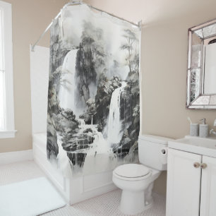 Waterfalls Monochromatic Landscape Shower Curtain