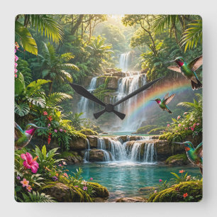 Waterfalls Rainbow Hummingbirds Tropical Hideaway Square Wall Clock