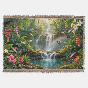 Waterfalls Rainbow Hummingbirds Tropical Hideaway Throw Blanket