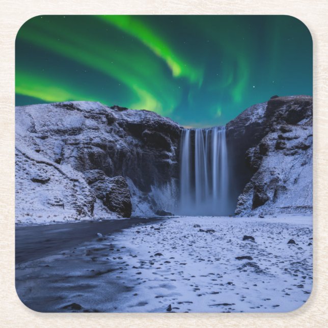 Waterfalls | Skógafoss Waterfall Square Paper Coaster (Front)