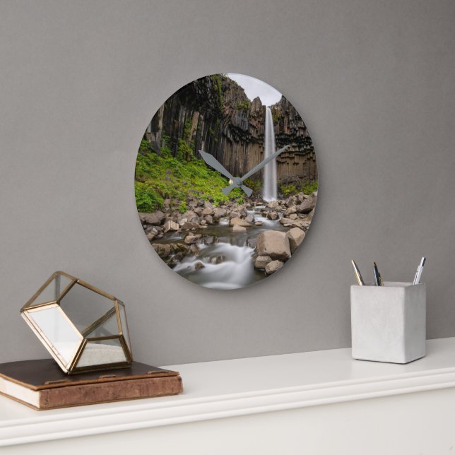 Waterfalls | Svartifoss Waterfall, South Iceland Large Clock (Office)