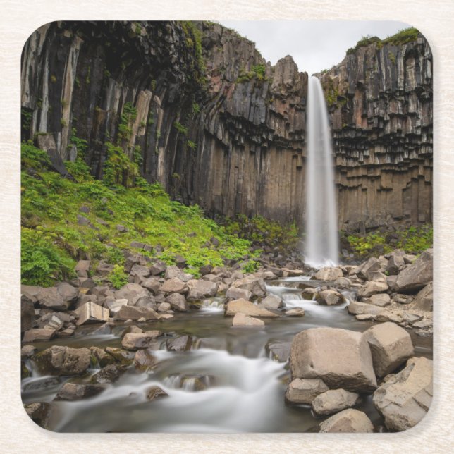 Waterfalls | Svartifoss Waterfall, South Iceland Square Paper Coaster (Front)